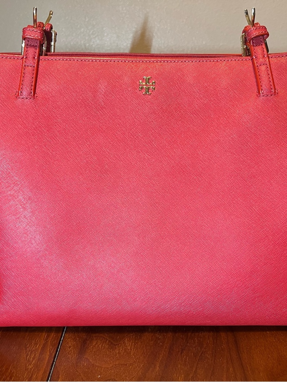 Tory Burch Red Saffiano Tote with Gold Emblem